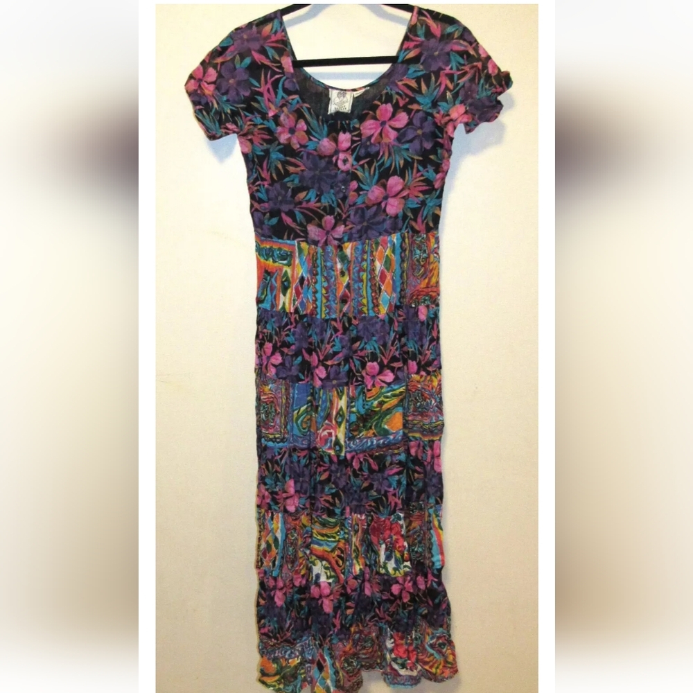 Vintage 90s Short Circuit Patchwork Colorful Print Grunge Maxi Sheer Dress sz M